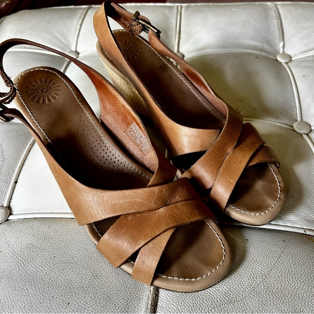 UGG Tan leather Wedge Sandals with Crisscross Straps sz 9